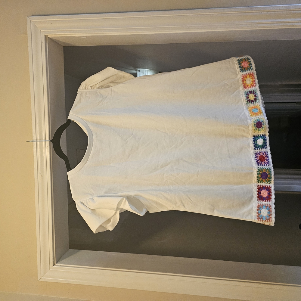 White T-Shirt with Colorful Crocheted Hem